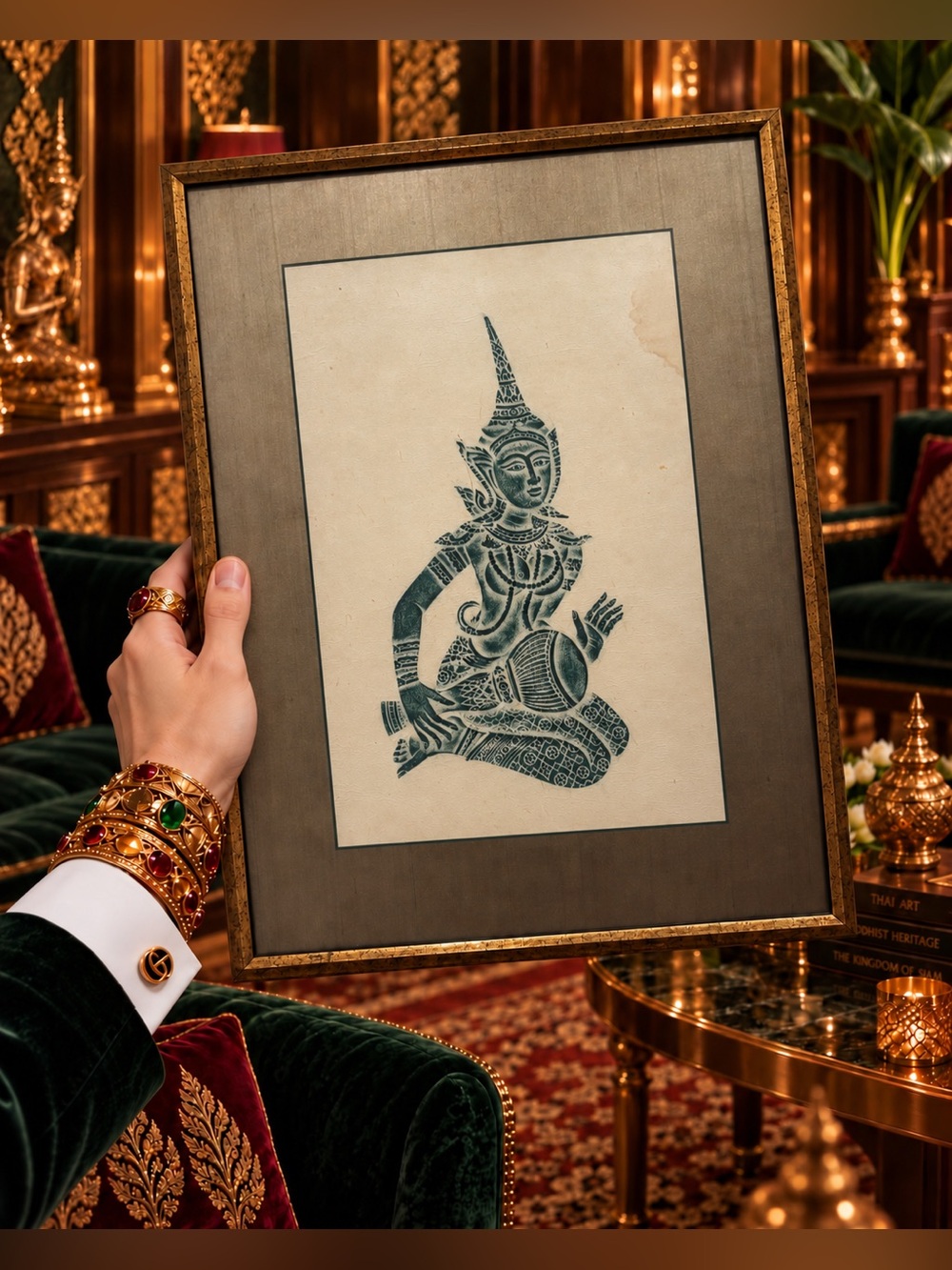 Green THAI THAILAND Vintage Mid-Century Modern Relief Rubbing Original MCM FRAME